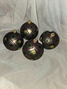 Lot of 4 Mardi Gras Diamond Pattern Ball Ornament Glass